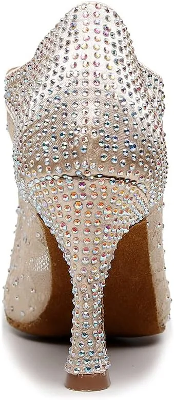 DKZSYIM Women's Open Toe Dance Boots Rhinestone Salsa Ballroom Lace-up Ankle Dance Shoes,Model QJW9001