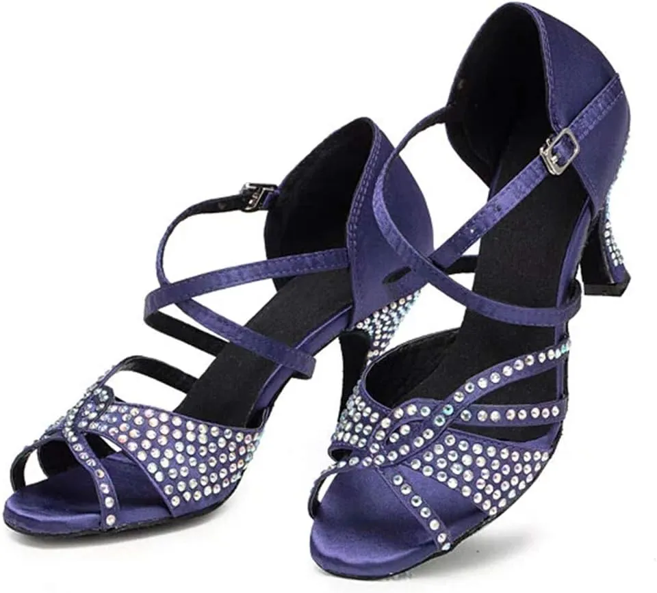 DKZSYIM Women's Satin Latin Dance Shoes Ballroom Performance Rhinestone Dance Shoes,Model YCL138