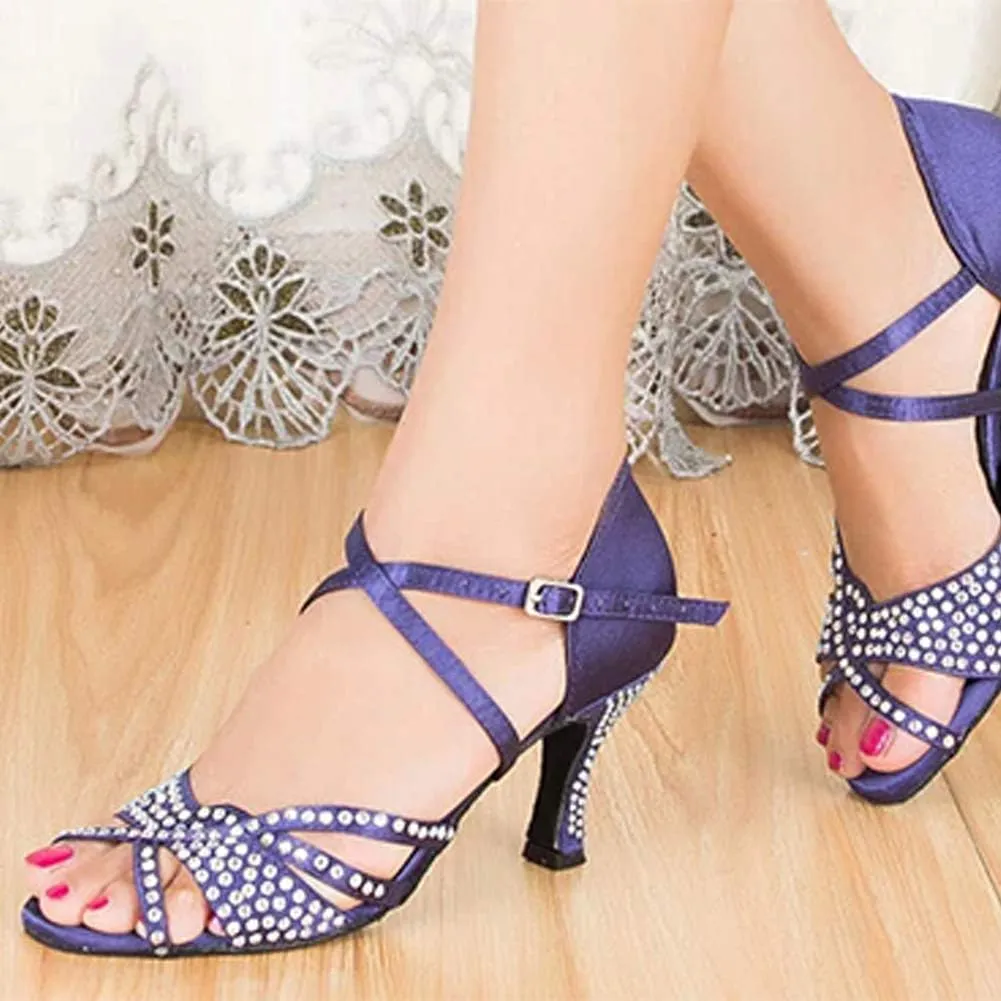 DKZSYIM Women's Satin Latin Dance Shoes Ballroom Performance Rhinestone Dance Shoes,Model YCL138
