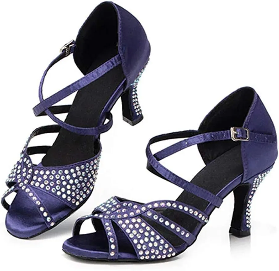 DKZSYIM Women's Satin Latin Dance Shoes Ballroom Performance Rhinestone Dance Shoes,Model YCL138