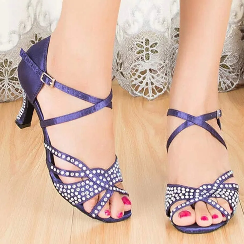 DKZSYIM Women's Satin Latin Dance Shoes Ballroom Performance Rhinestone Dance Shoes,Model YCL138
