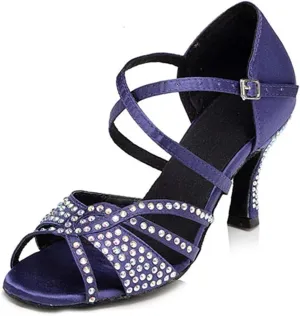 DKZSYIM Women's Satin Latin Dance Shoes Ballroom Performance Rhinestone Dance Shoes,Model YCL138