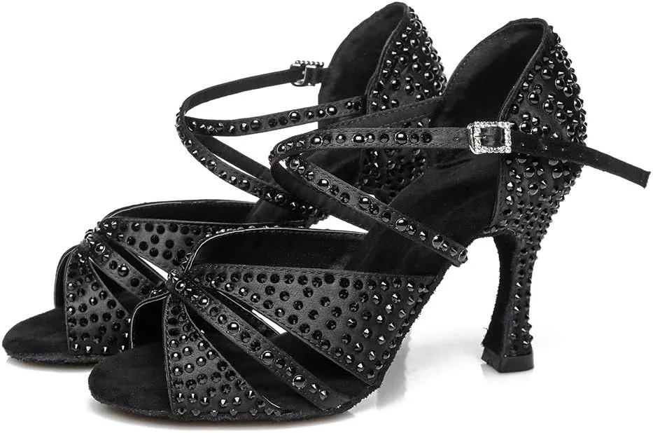 DKZSYIM Women's Satin Latin Dance Shoes Wedding Rhinestone Dance Shoes,Practice Dancing Shoes Model YCL379