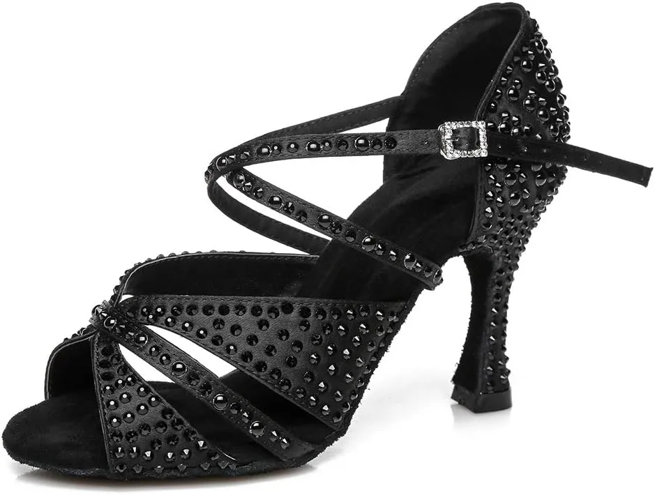 DKZSYIM Women's Satin Latin Dance Shoes Wedding Rhinestone Dance Shoes,Practice Dancing Shoes Model YCL379