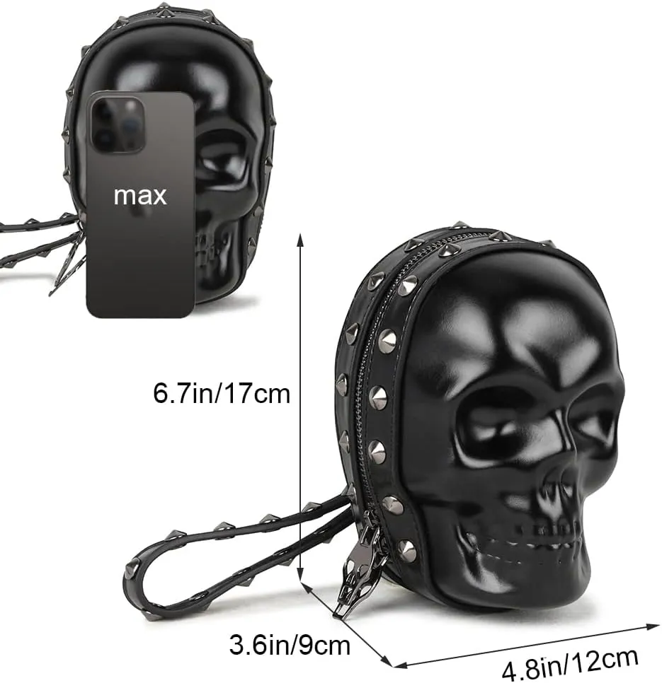 DownDown Gothic Wristlet Bags Purse 3D Skull Head Clutch Leather Purses Belt Bag Phone Packets Hip-hop Zip Wallet Women&Men-Black