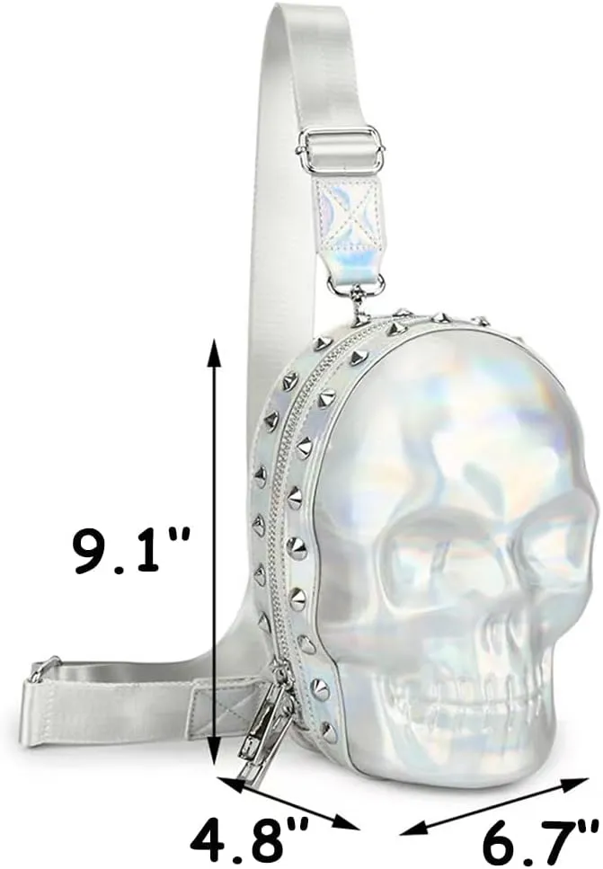 DownDown Gothic Wristlet Bags Purse 3D Skull Head Clutch Leather Purses Belt Bag Phone Packets Hip-hop Zip Wallet Women&Men Unique Satchel-Silver