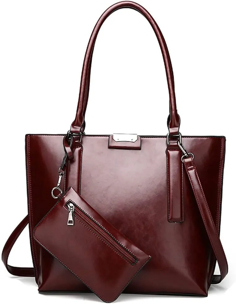 Downupdown Handbags and Purses for Women Glossy Leather Tote Bags Shoulder Bag Satchel Handbag Wallet Wristlets Bag 2-Pcs Set