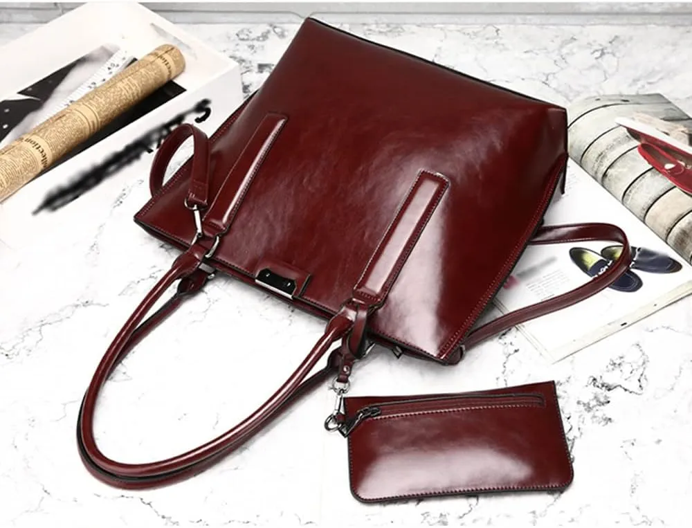 Downupdown Handbags and Purses for Women Glossy Leather Tote Bags Shoulder Bag Satchel Handbag Wallet Wristlets Bag 2-Pcs Set