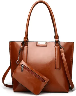 Downupdown Handbags and Purses for Women Glossy Leather Tote Bags Shoulder Bag Satchel Handbag Wallet Wristlets Bag 2-Pcs Set