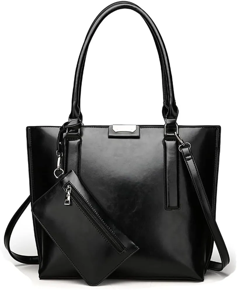 Downupdown Handbags and Purses for Women Glossy Leather Tote Bags Shoulder Bag Satchel Handbag Wallet Wristlets Bag 2-Pcs Set