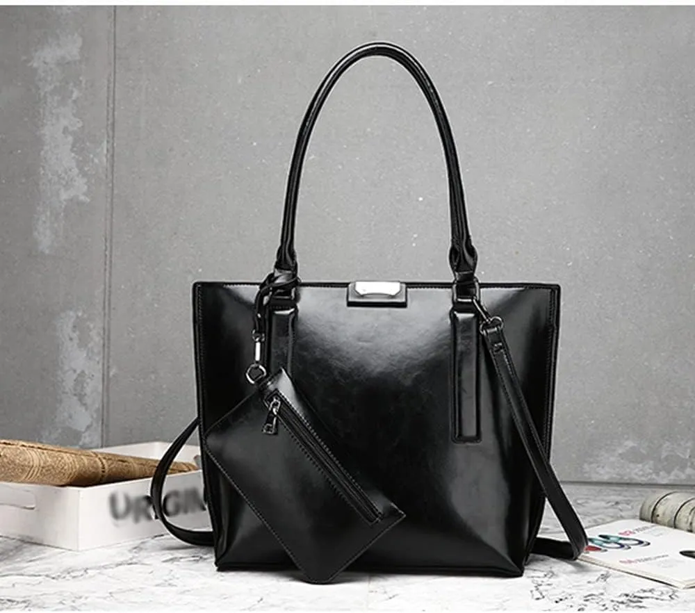 Downupdown Handbags and Purses for Women Glossy Leather Tote Bags Shoulder Bag Satchel Handbag Wallet Wristlets Bag 2-Pcs Set