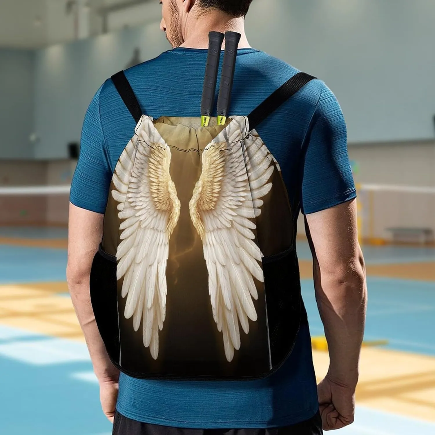 Drawstring Backpack Sports Gym Bag Resistant Sackpack Angel Wing String Bag for Women Men, 45.5x41.5x36cm