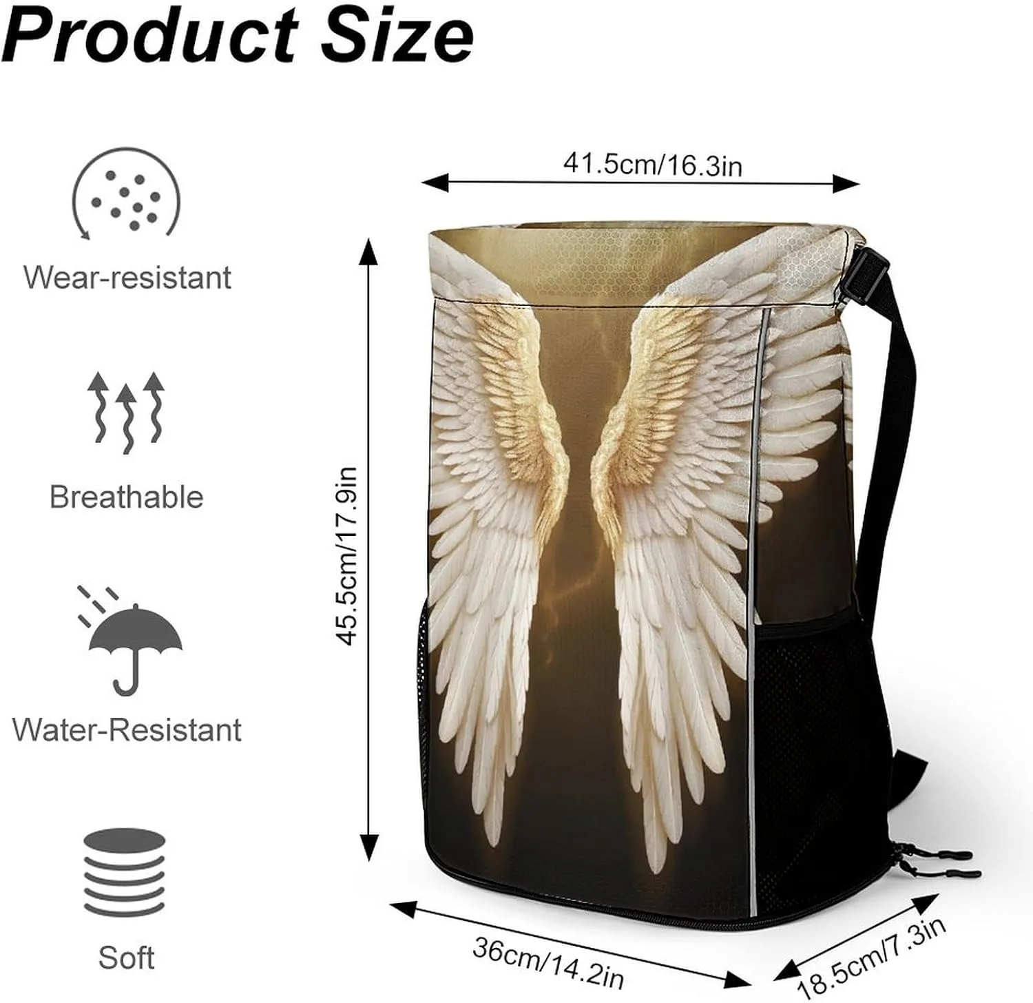 Drawstring Backpack Sports Gym Bag Resistant Sackpack Angel Wing String Bag for Women Men, 45.5x41.5x36cm