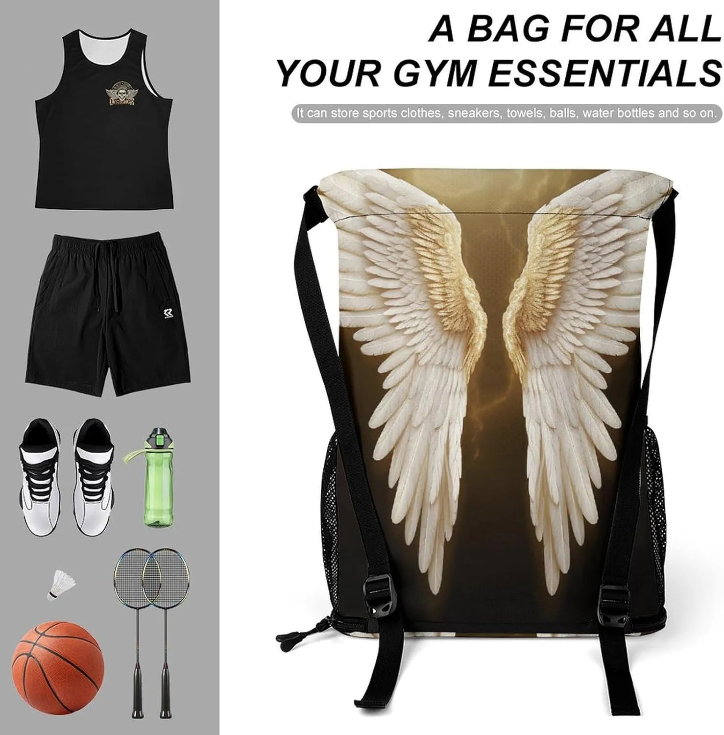 Drawstring Backpack Sports Gym Bag Resistant Sackpack Angel Wing String Bag for Women Men, 45.5x41.5x36cm