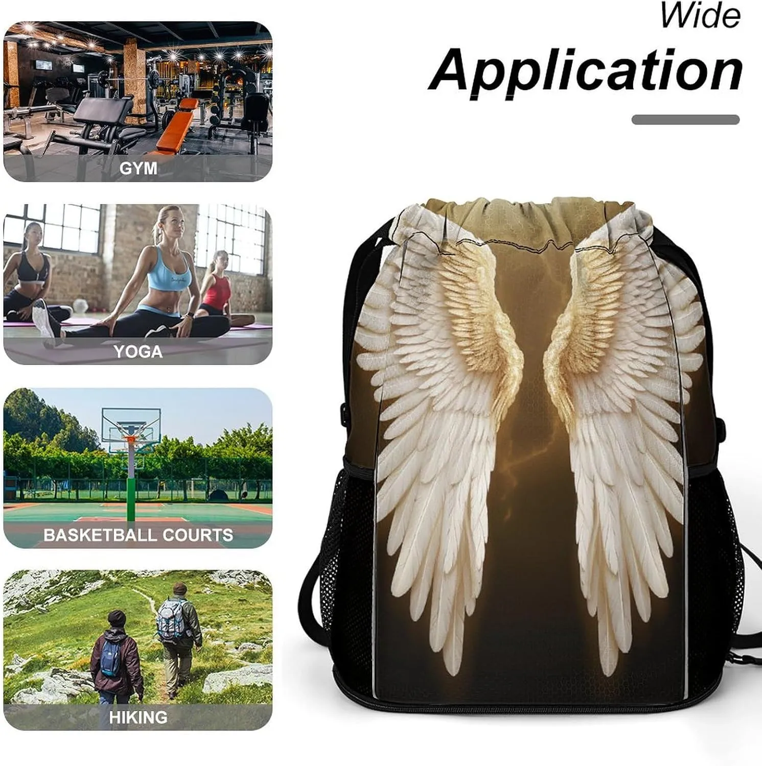 Drawstring Backpack Sports Gym Bag Resistant Sackpack Angel Wing String Bag for Women Men, 45.5x41.5x36cm