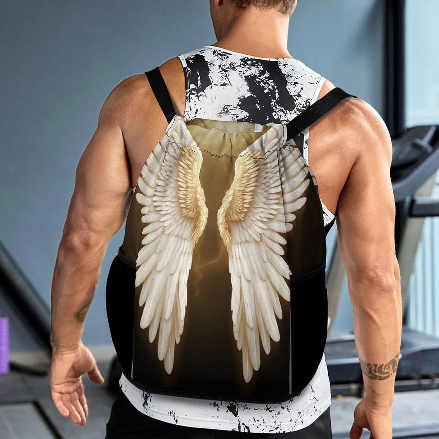 Drawstring Backpack Sports Gym Bag Resistant Sackpack Angel Wing String Bag for Women Men, 45.5x41.5x36cm