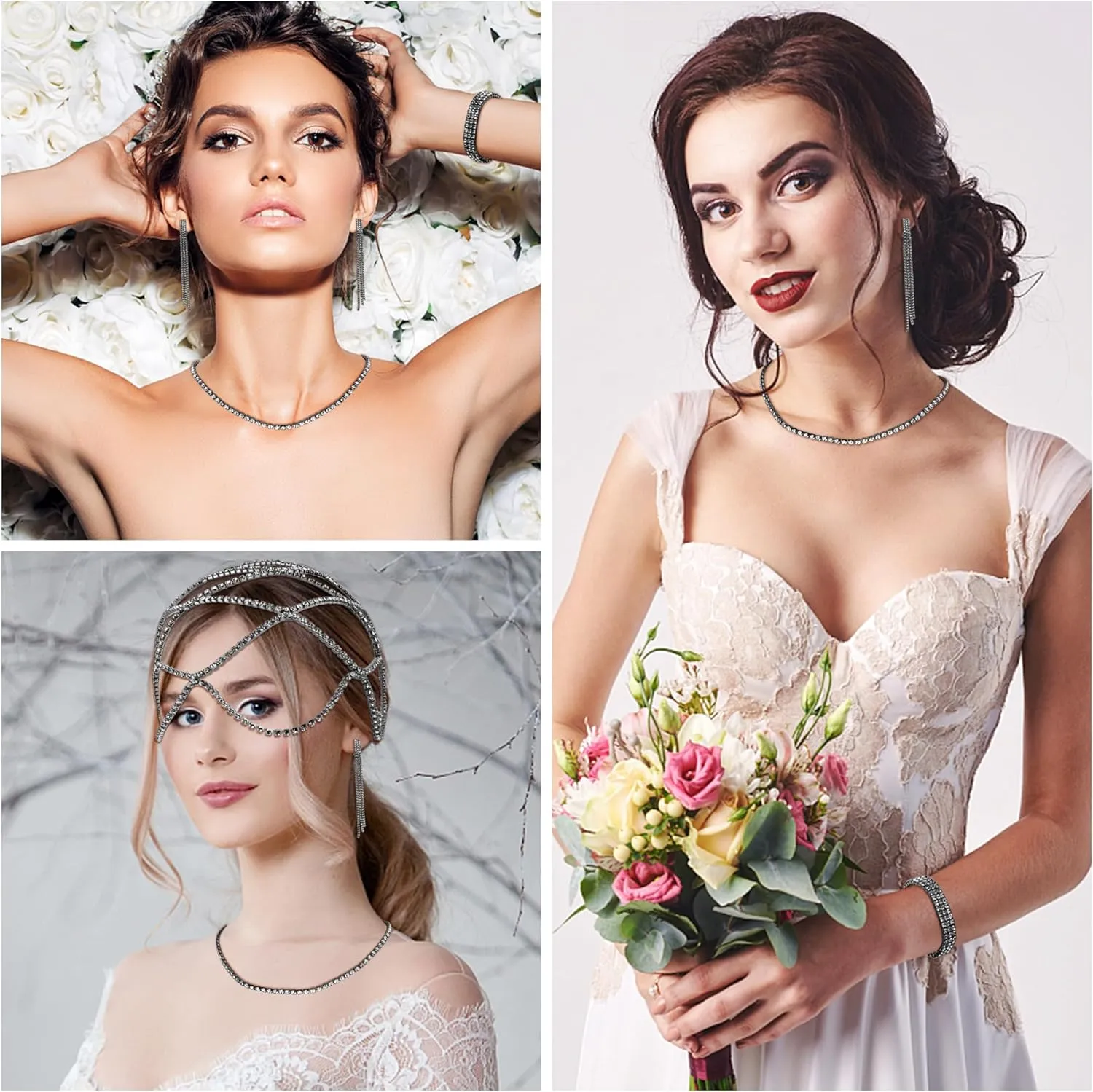 Drperfect Women Rhinestone Jewelry Set Flapper Cap Headpiece Head Jewelry Chains Stretch Bracelet Choker Necklace Dangle Fringe Earrings Silver Accessories for Wedding Jewelry