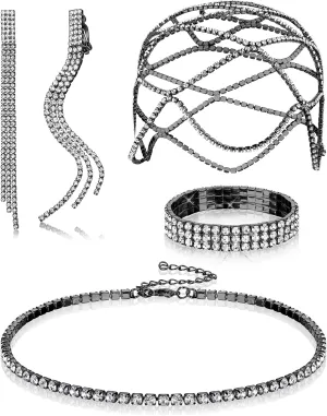 Drperfect Women Rhinestone Jewelry Set Flapper Cap Headpiece Head Jewelry Chains Stretch Bracelet Choker Necklace Dangle Fringe Earrings Silver Accessories for Wedding Jewelry
