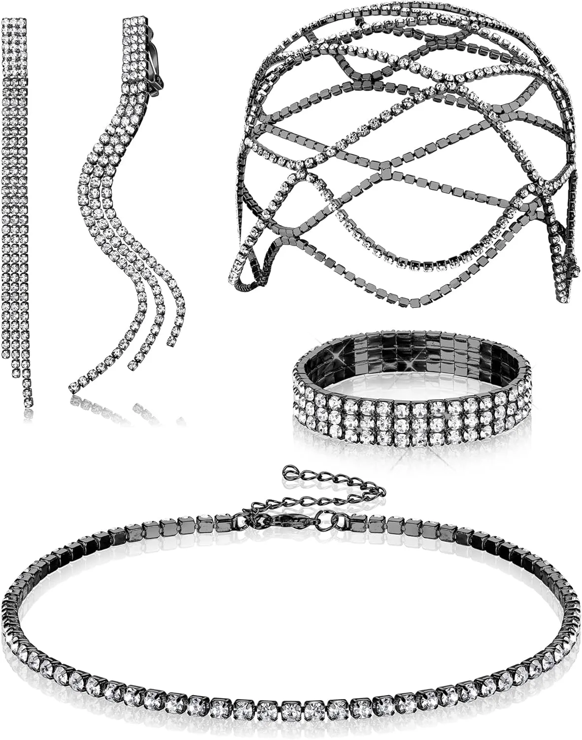 Drperfect Women Rhinestone Jewelry Set Flapper Cap Headpiece Head Jewelry Chains Stretch Bracelet Choker Necklace Dangle Fringe Earrings Silver Accessories for Wedding Jewelry
