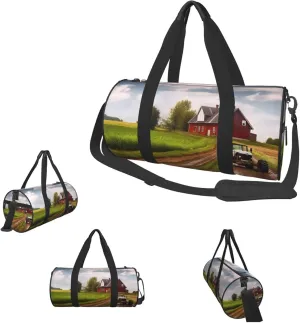 Duffle Bags Country road with farm and tractor Gym Bag for Men Women Waterproof Travel Duffle Bags Convertible Carry on Garment Bag for Travel Sports