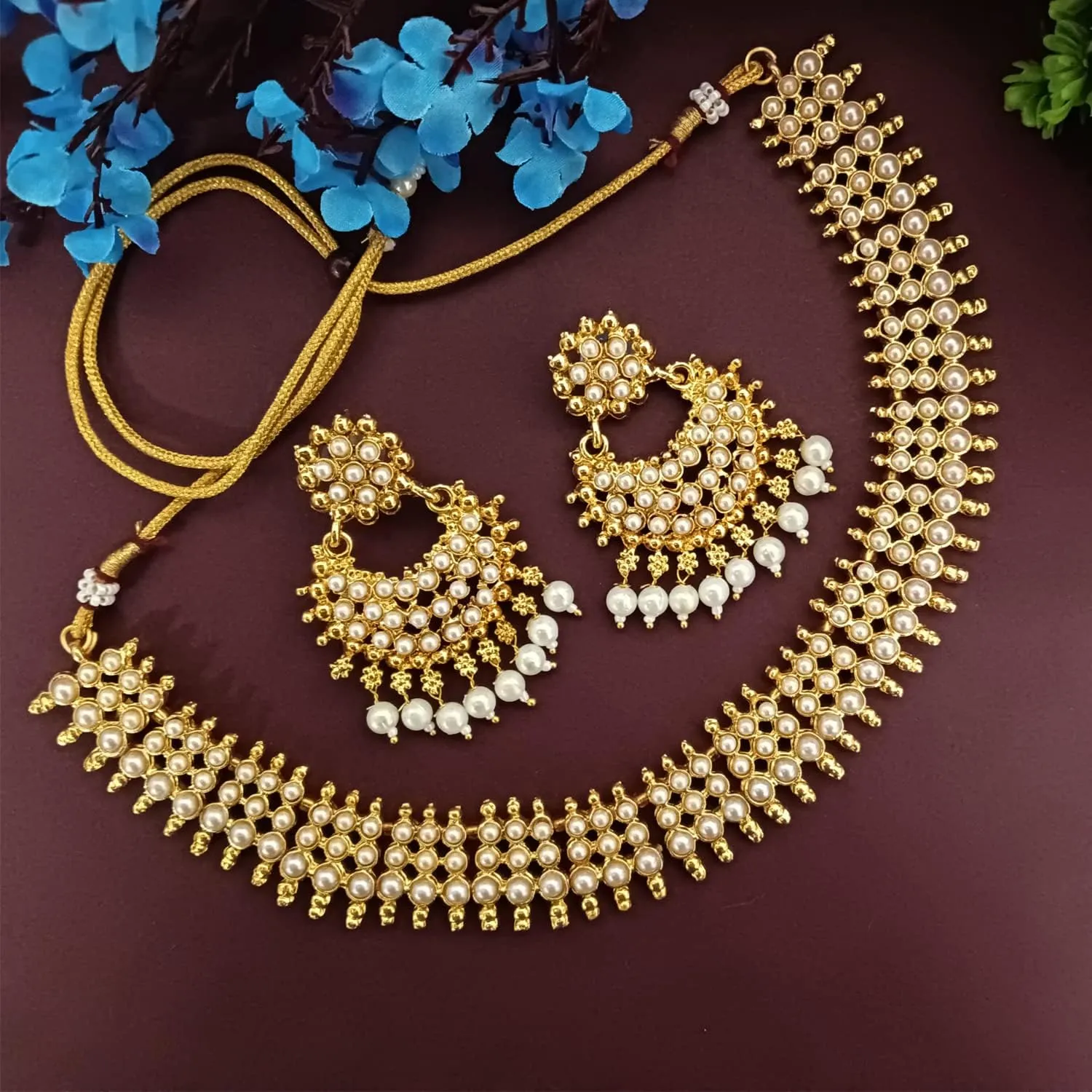 Efulgenz Indian Jewelry Sets for Women Beaded Bollywood Jewelry Faux Pearl Choker Necklace Traditional Crystal Choker Necklace Earrings Wedding Jewelry Sets for Women