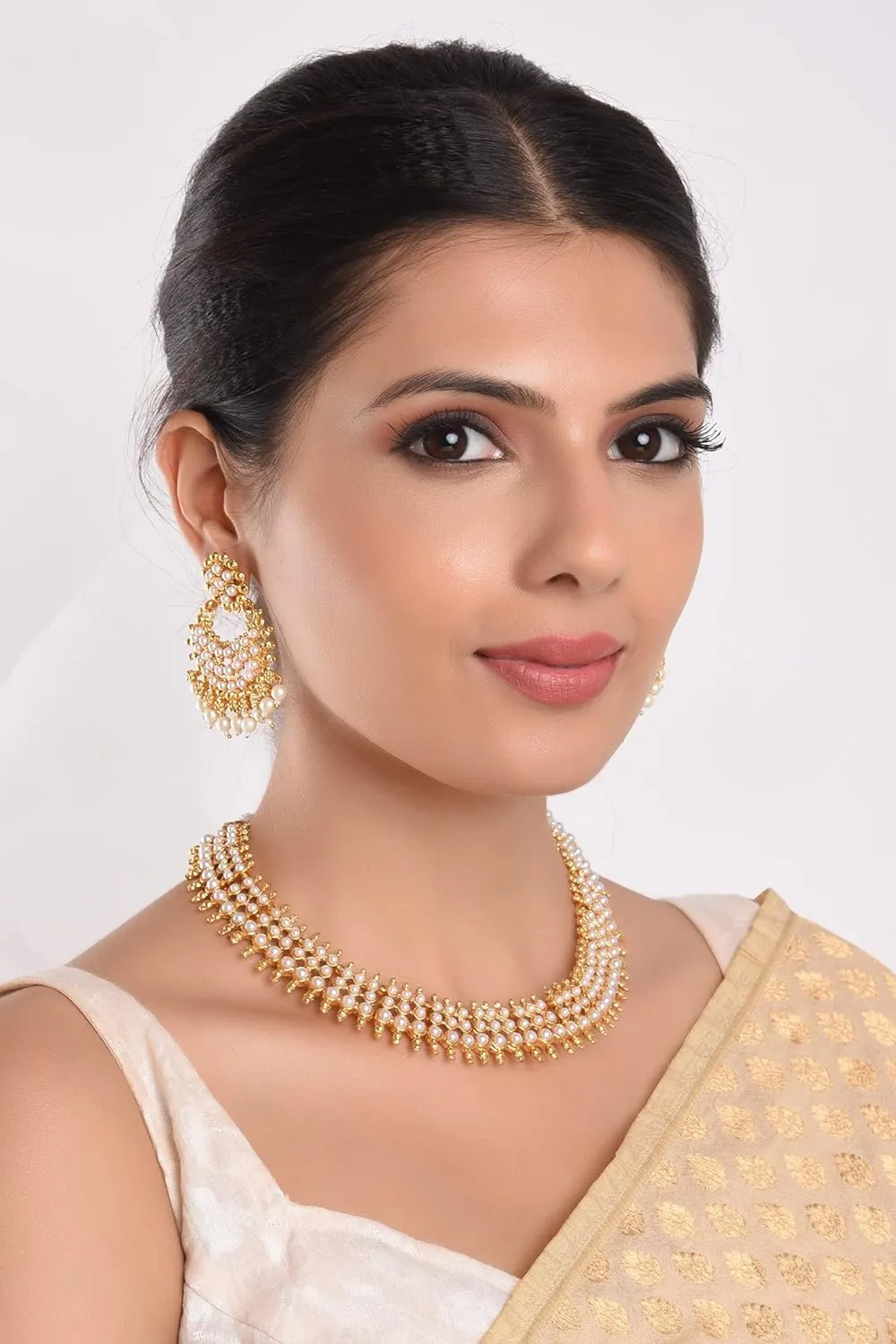 Efulgenz Indian Jewelry Sets for Women Beaded Bollywood Jewelry Faux Pearl Choker Necklace Traditional Crystal Choker Necklace Earrings Wedding Jewelry Sets for Women