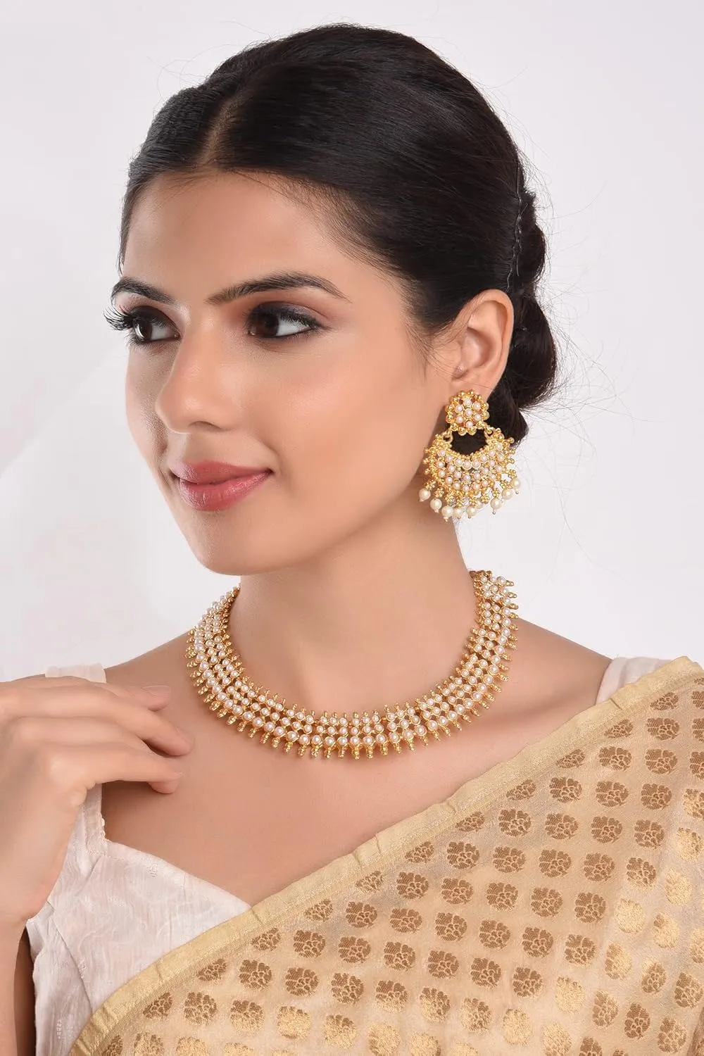 Efulgenz Indian Jewelry Sets for Women Beaded Bollywood Jewelry Faux Pearl Choker Necklace Traditional Crystal Choker Necklace Earrings Wedding Jewelry Sets for Women