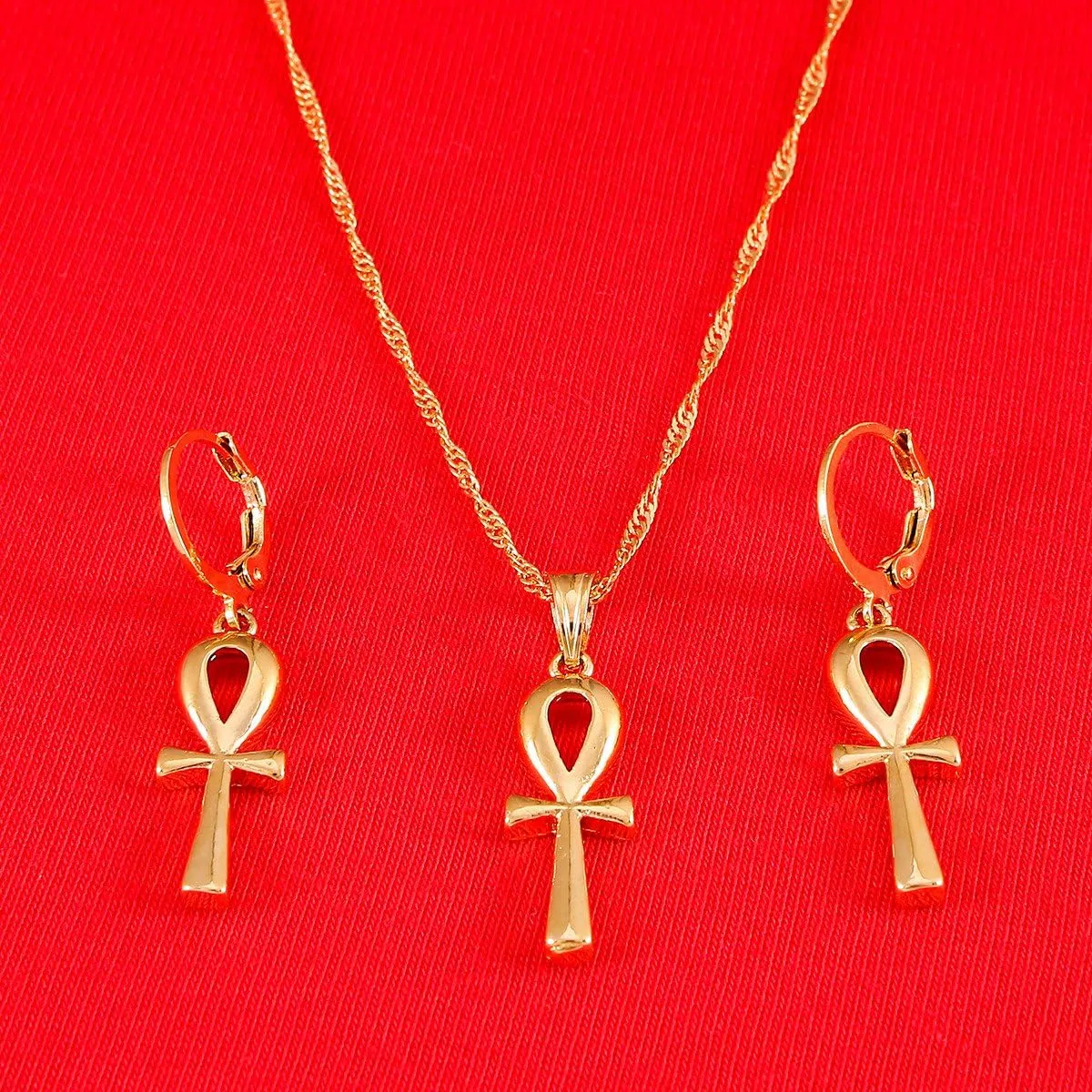 Egyptian Ankh Cross Jewelry Set Women Gold Color Charms Jewelry Egypt Hieroglyphs Set