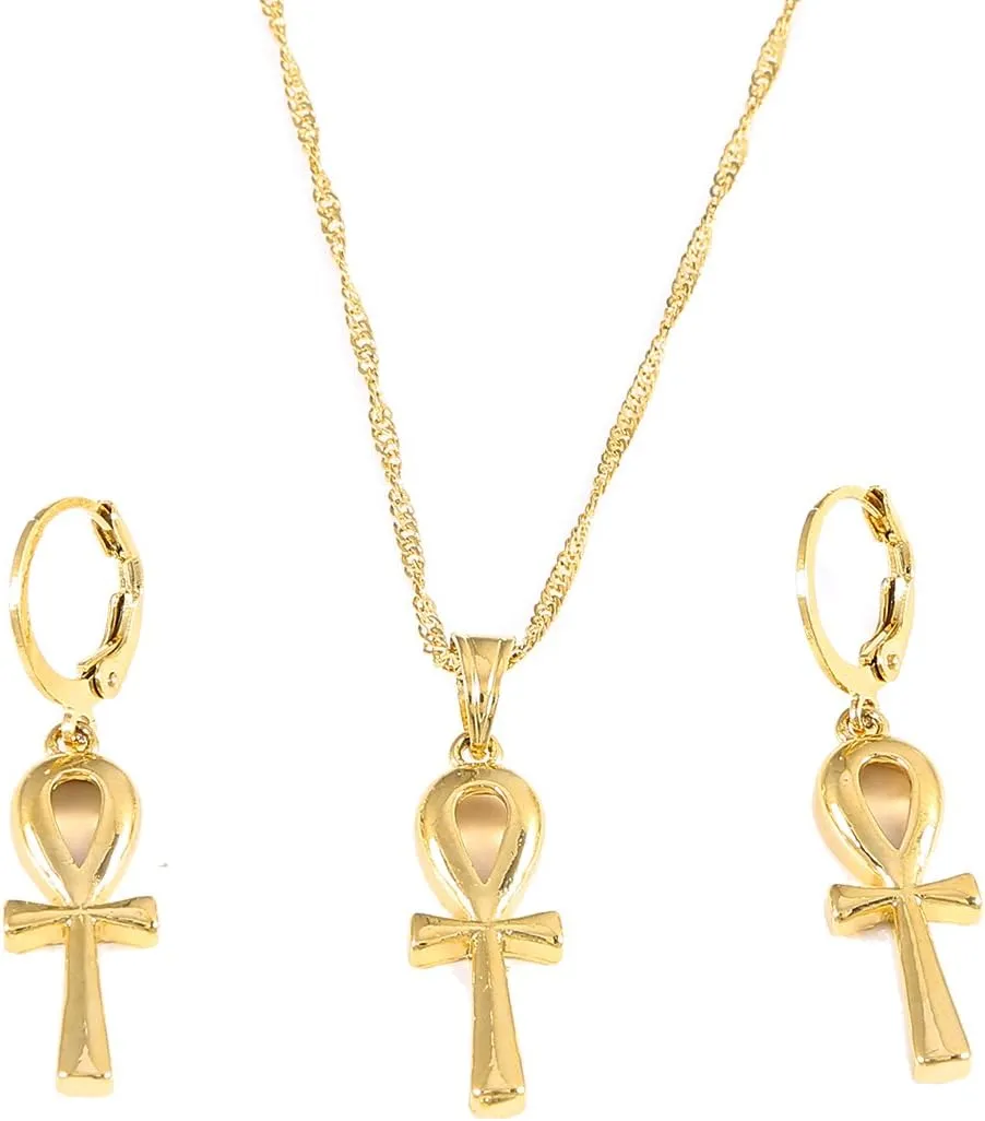 Egyptian Ankh Cross Jewelry Set Women Gold Color Charms Jewelry Egypt Hieroglyphs Set