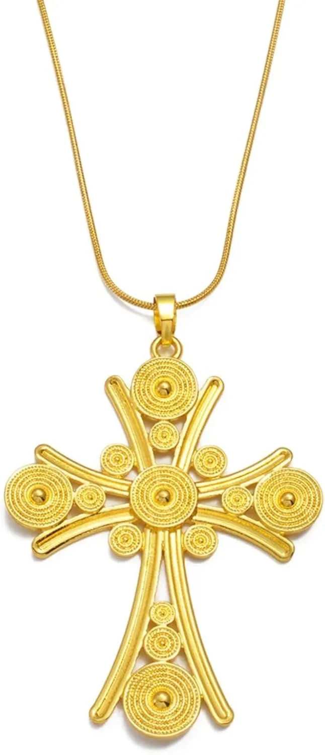 Ethiopian Cross Jewelry for Women, Ethiopian Traditional Jewelry Large Cross Ethiopian Cross Pendant Necklaces Womens Gold Color Eritrean African Ethnic Wedding Jewelry