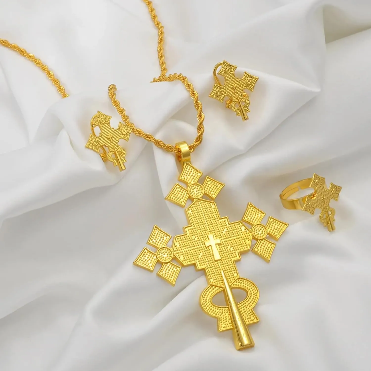 Ethiopian Eritrean Cross Jewelry, Ethiopian Jewelry for Women Set, Eritrean Jewelry Sets Necklaces Earrings Ring for Women Africa Ethnic Wedding Party Gifts
