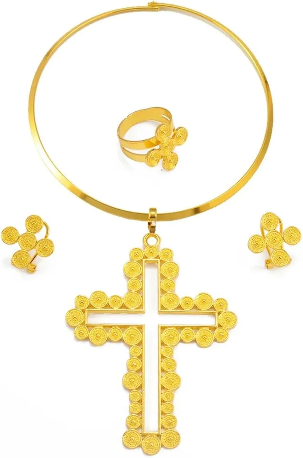Ethiopian Jewelry - Ethiopian Cross - Ethiopian Jewelry for Women Set - African Cross Necklace Earrings Ring Jewelry Sets Gold Color Ethiopian Eritrean Holiday Party Ornaments