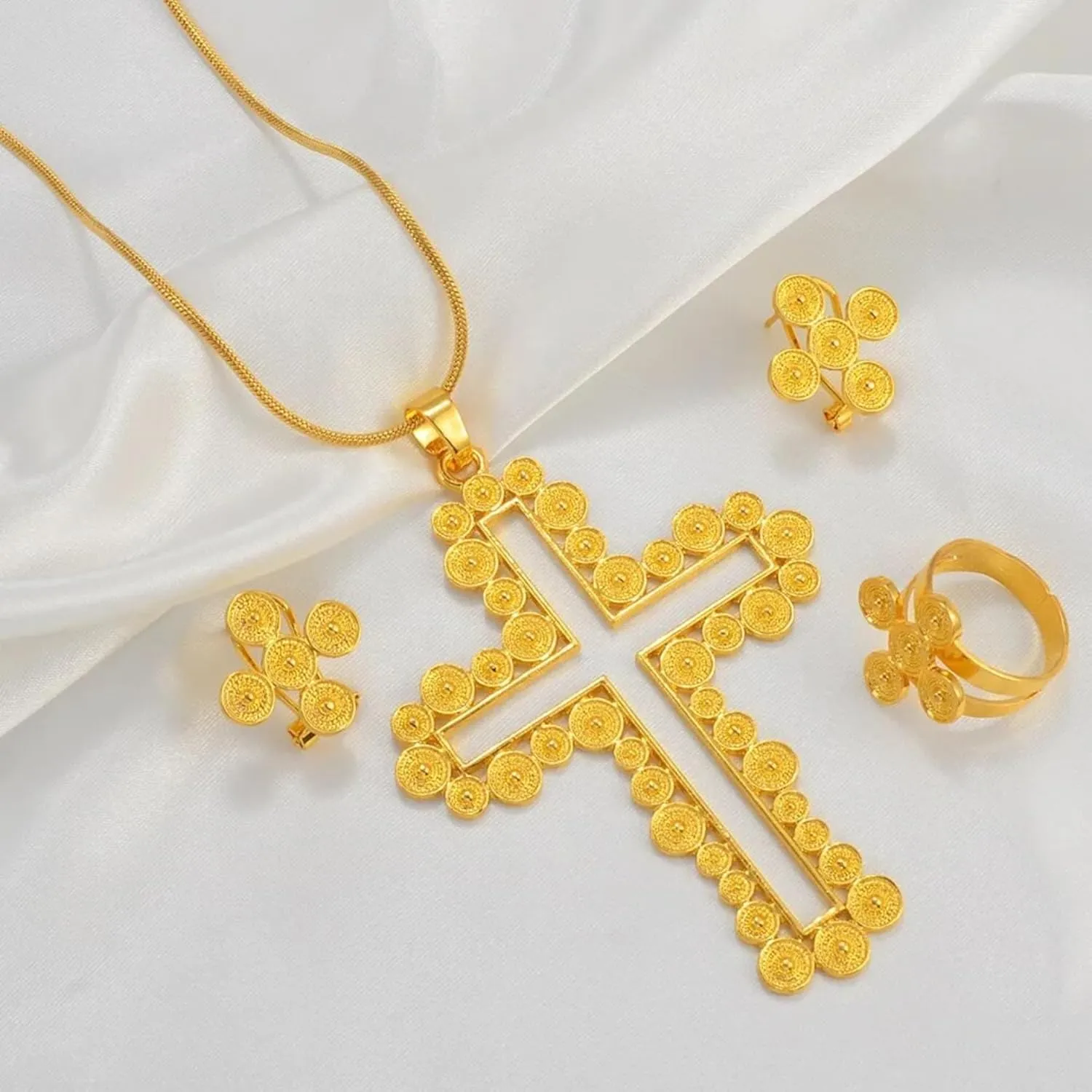 Ethiopian Jewelry - Ethiopian Cross - Ethiopian Jewelry for Women Set - African Cross Necklace Earrings Ring Jewelry Sets Gold Color Ethiopian Eritrean Holiday Party Ornaments