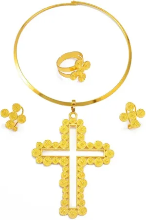 Ethiopian Jewelry - Ethiopian Cross - Ethiopian Jewelry for Women Set - African Cross Necklace Earrings Ring Jewelry Sets Gold Color Ethiopian Eritrean Holiday Party Ornaments