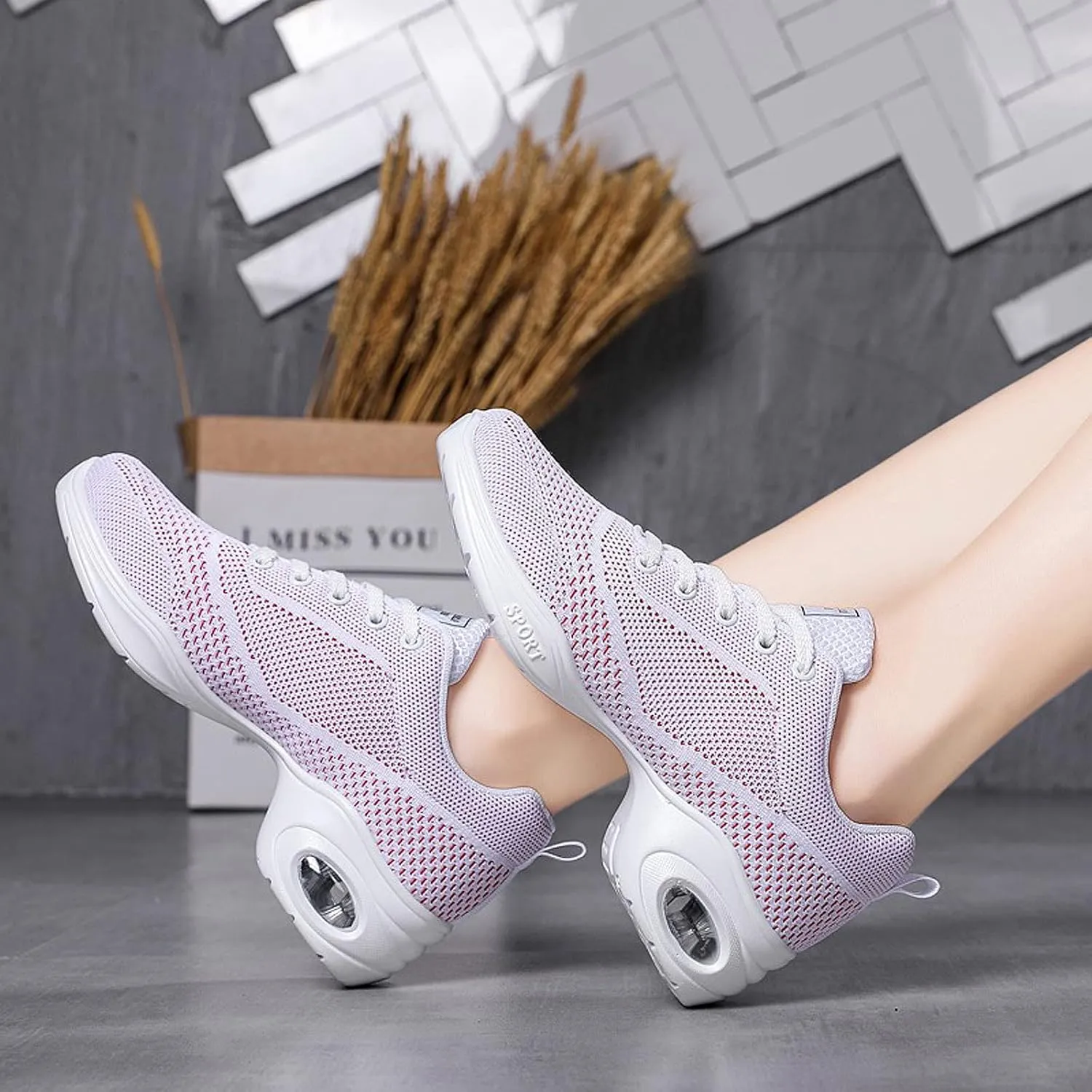 FLIOZY Women's Jazz Shoes Lace-up Platform Air Cushion Dance Shoes Breathable Athletic Fitness Yoga Walking Sneaker