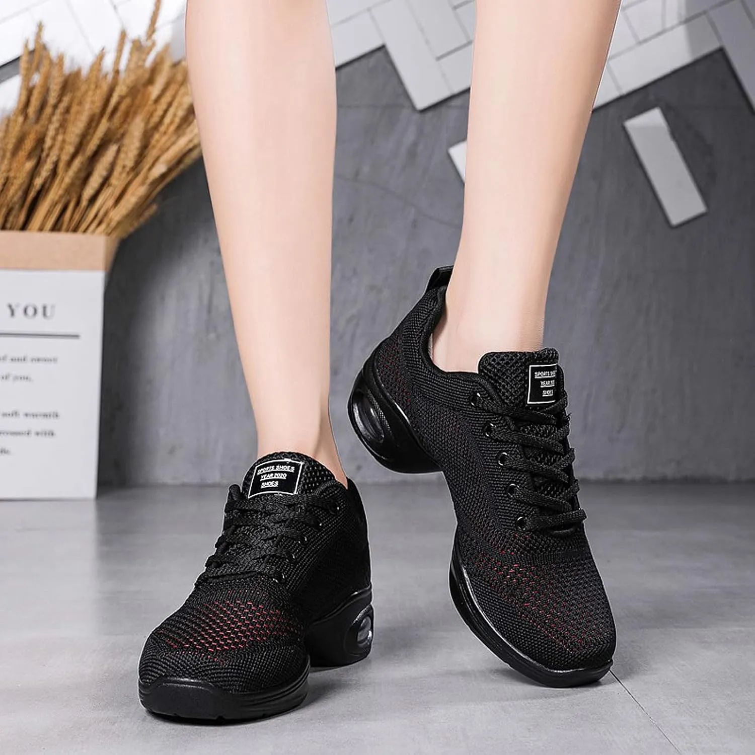 FLIOZY Women's Jazz Shoes Lace-up Platform Air Cushion Dance Shoes Breathable Athletic Fitness Yoga Walking Sneaker