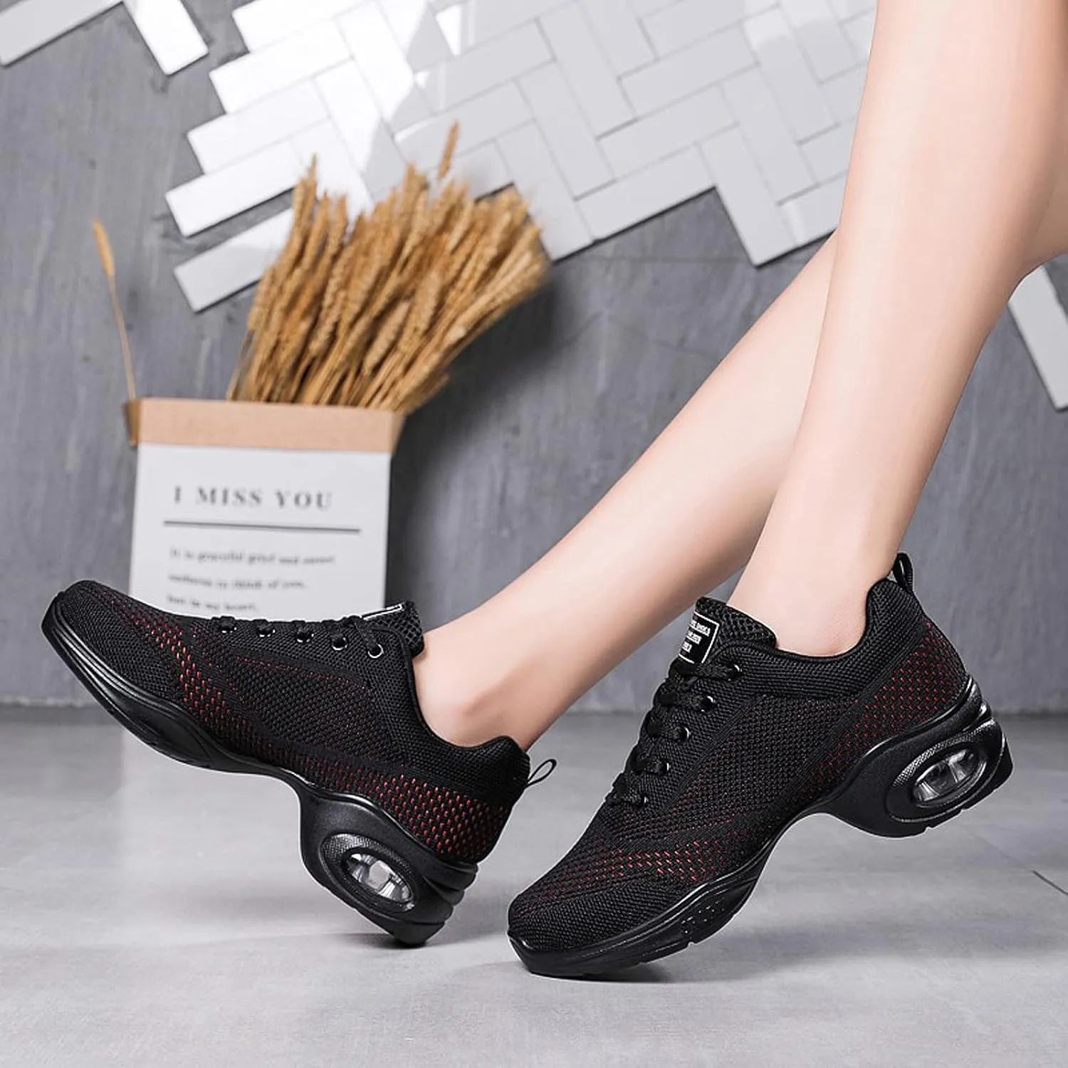 FLIOZY Women's Jazz Shoes Lace-up Platform Air Cushion Dance Shoes Breathable Athletic Fitness Yoga Walking Sneaker