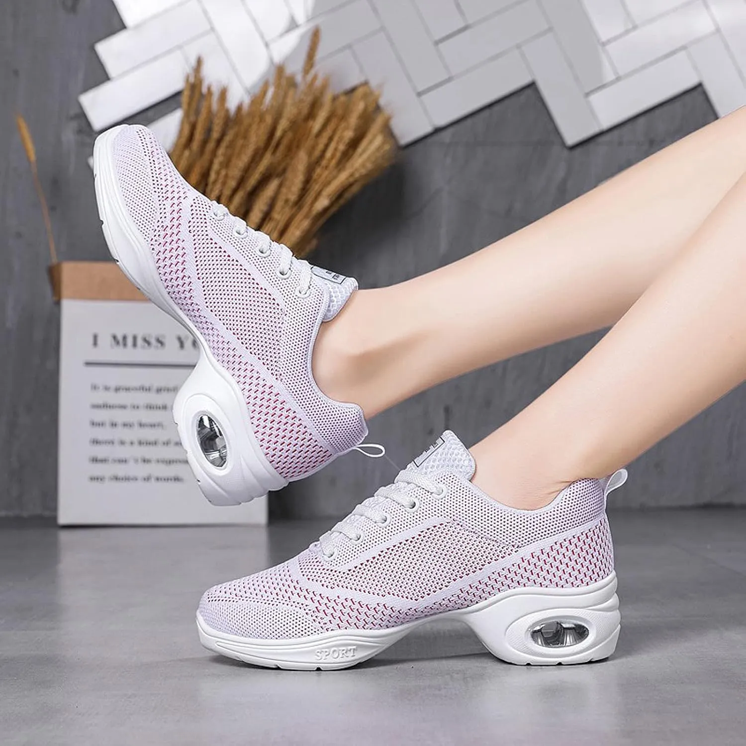 FLIOZY Women's Jazz Shoes Lace-up Platform Air Cushion Dance Shoes Breathable Athletic Fitness Yoga Walking Sneaker