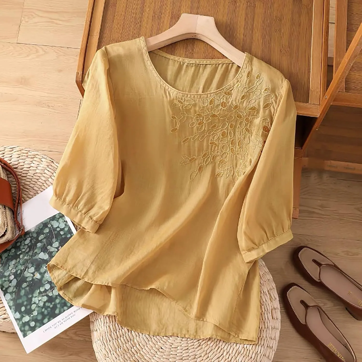 Floral Embroidered Tops Women Cotton Linen Shirts Boho Ethnic Style Flowy Blouse 3/4 Sleeve V Neck Button Tunic Shirt