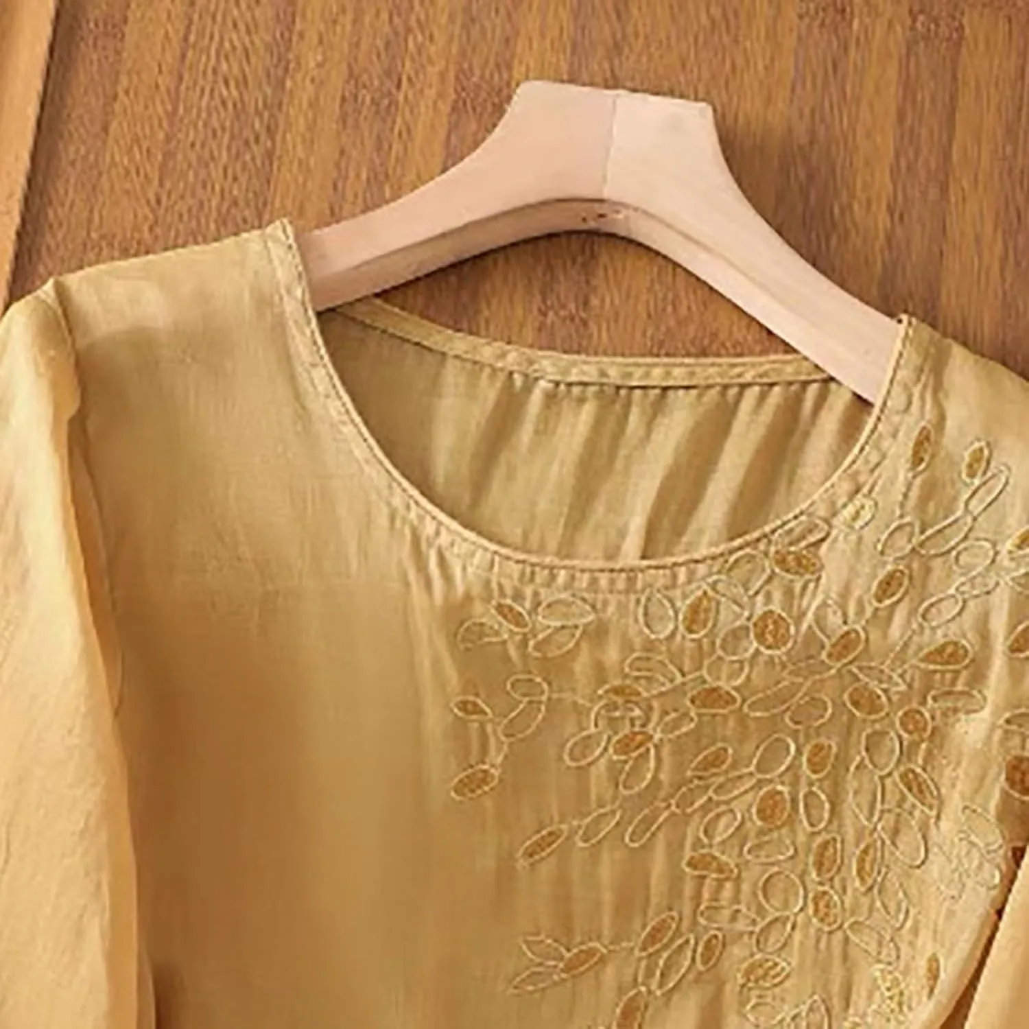 Floral Embroidered Tops Women Cotton Linen Shirts Boho Ethnic Style Flowy Blouse 3/4 Sleeve V Neck Button Tunic Shirt