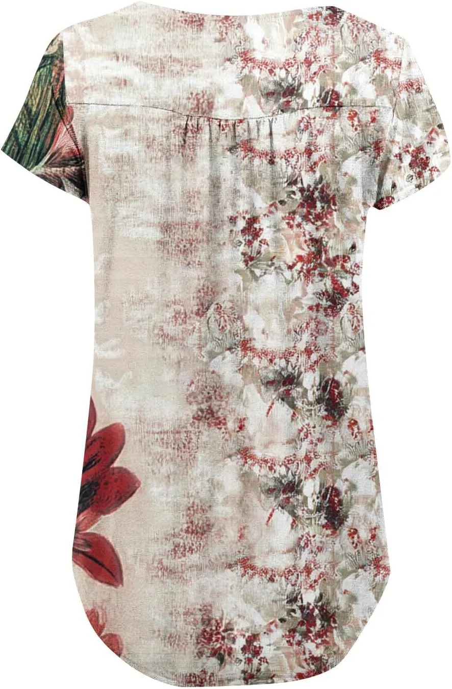 Floral Tops for Women 2025 Short Sleeve Boho Summer Tshirt Dressy Casual Trendy Blouse Ladies Boho Hawaiian Shirts