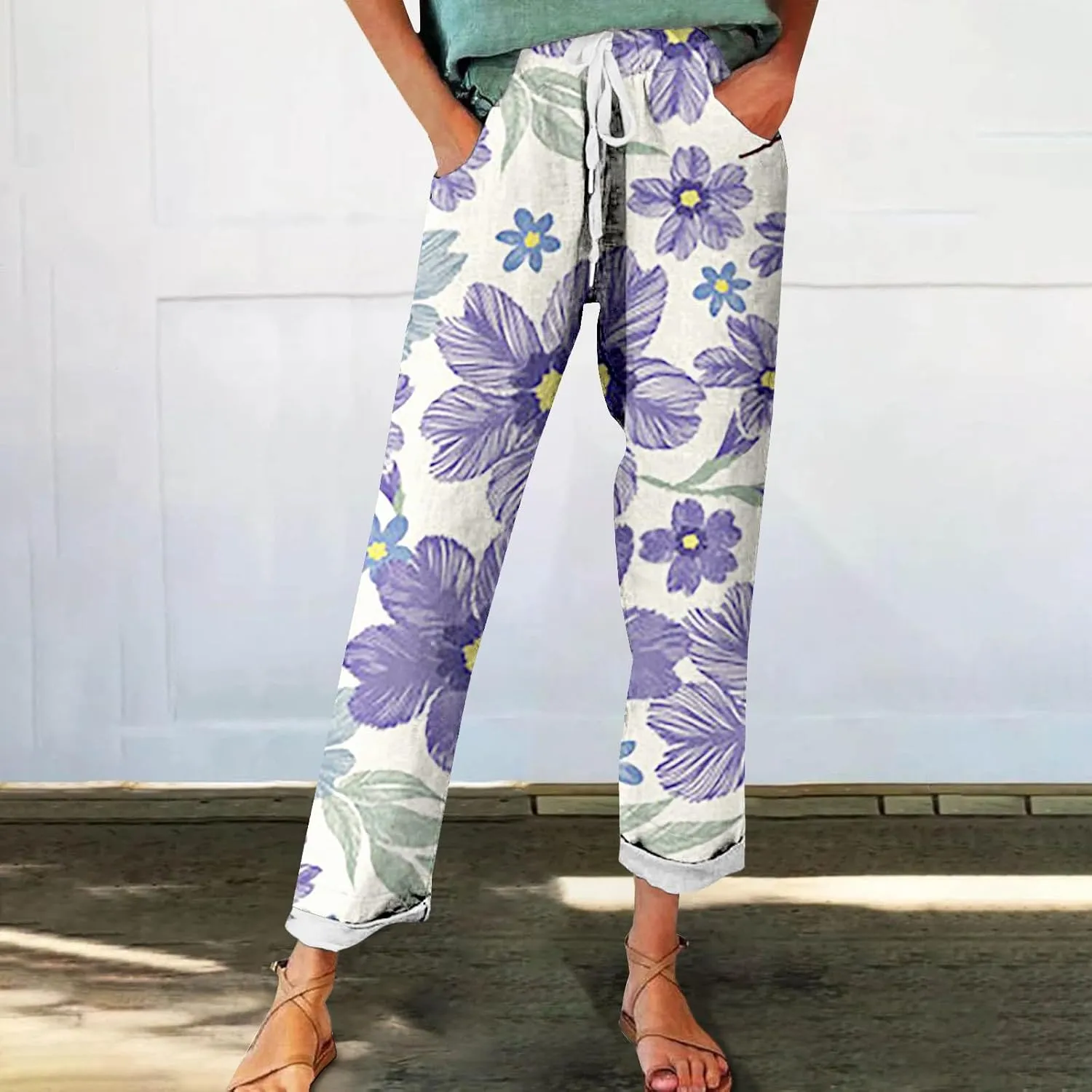 Flowy Linen Pants Summer Wide Leg Pants Drawstring Elastic Waist Pants High Waisted Pants Casual Beach Trousers Boho