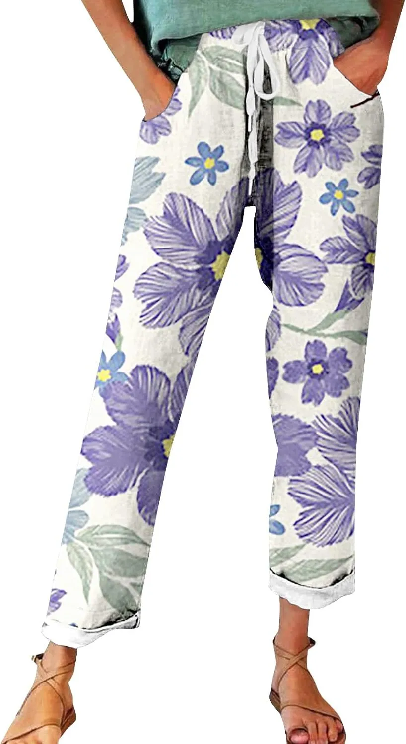 Flowy Linen Pants Summer Wide Leg Pants Drawstring Elastic Waist Pants High Waisted Pants Casual Beach Trousers Boho