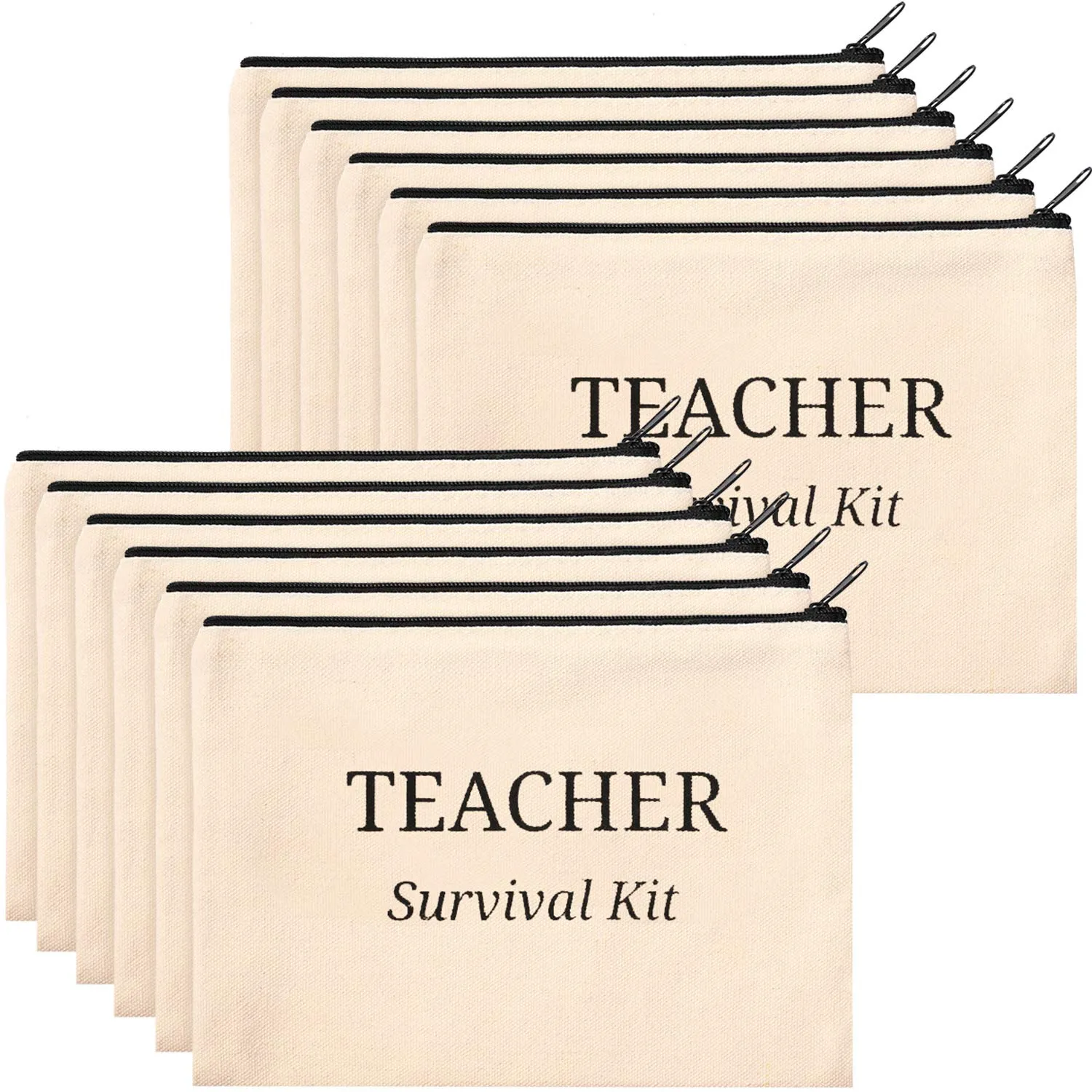 Frienda 12 Pcs Teacher Graduation Appreciation Gifts Cosmetic Bag Canvas Makeup Survival kit Pencil Pouch Travel Toiletry Case with Zipper Teacher Gift for Women Graduation Back to School(L)