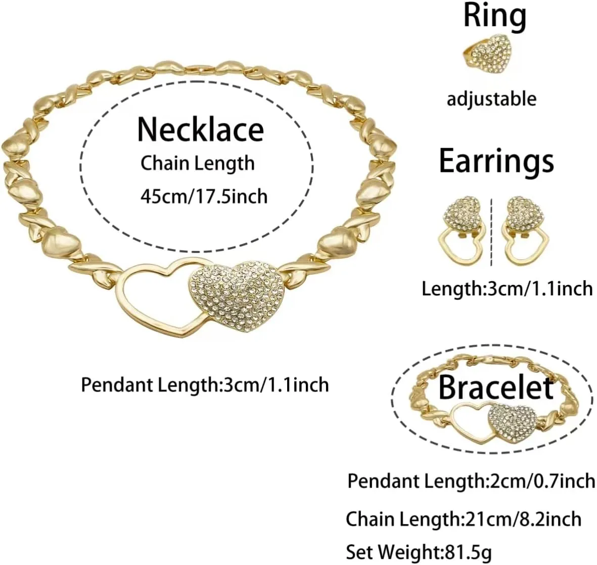 Gold Jewelry Set 18K Gold Accessories for Women Jewelry Set Wedding Bridal Fashion Jewelry Sets Women Accessories Bracelets Earrings and Rings Sweetheart Gifts