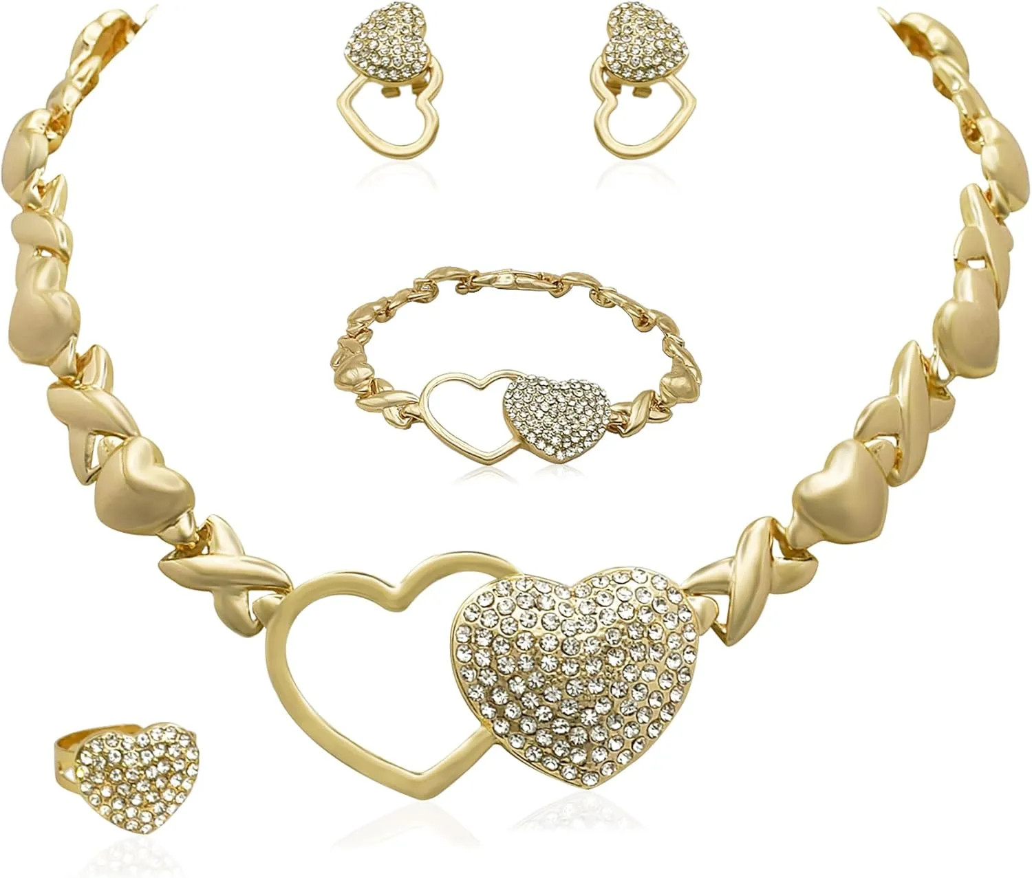 Gold Jewelry Set 18K Gold Accessories for Women Jewelry Set Wedding Bridal Fashion Jewelry Sets Women Accessories Bracelets Earrings and Rings Sweetheart Gifts