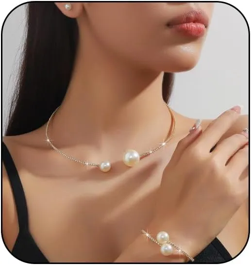 Gold Jewelry Set for Prom,Pearl Necklace Earrings Bracelet Crystal Bridal Wedding Prom Dresses Costume Jewelry Accessories Rhinestone Bridal Jewelry Set for Women