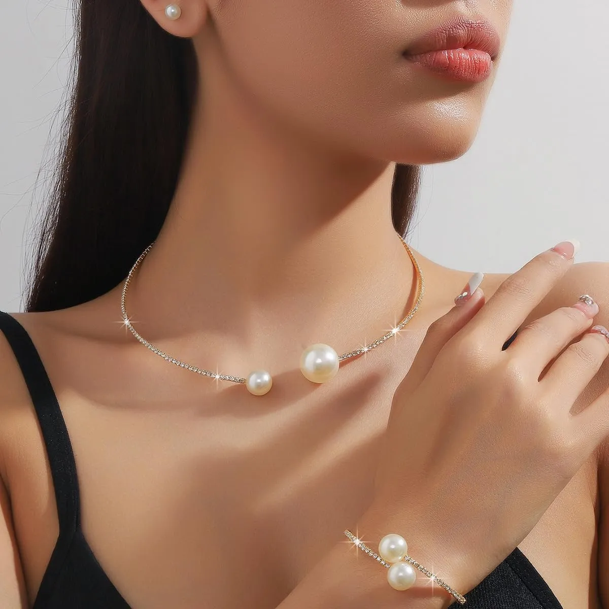 Gold Jewelry Set for Prom,Pearl Necklace Earrings Bracelet Crystal Bridal Wedding Prom Dresses Costume Jewelry Accessories Rhinestone Bridal Jewelry Set for Women