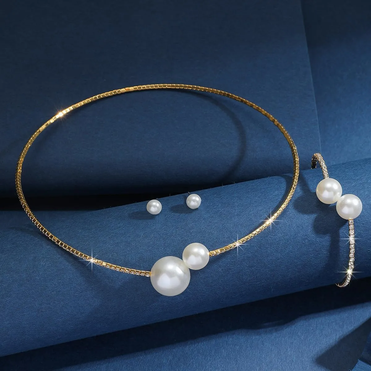 Gold Jewelry Set for Prom,Pearl Necklace Earrings Bracelet Crystal Bridal Wedding Prom Dresses Costume Jewelry Accessories Rhinestone Bridal Jewelry Set for Women
