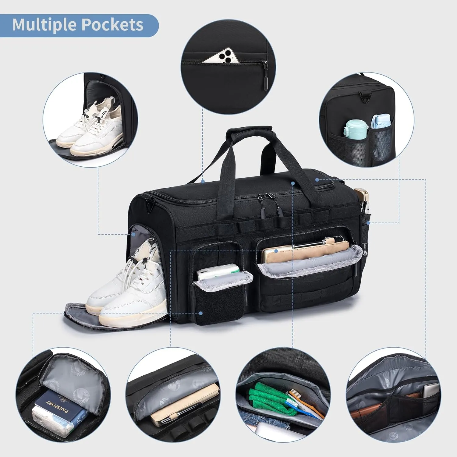 Gym Bags for Men 55L Tactical Duffle Bag Sports Travel Bag Gym Weekender Overnight Backpack with Shoe Compartment and Wet Pocket 3 In 1 Tactical Military Backpack